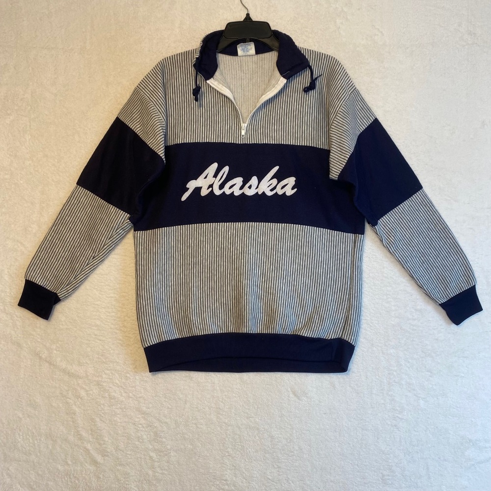 Magic Alaska Striped Quarter Zip Pullover Sweatshirt Size Large Made in USA